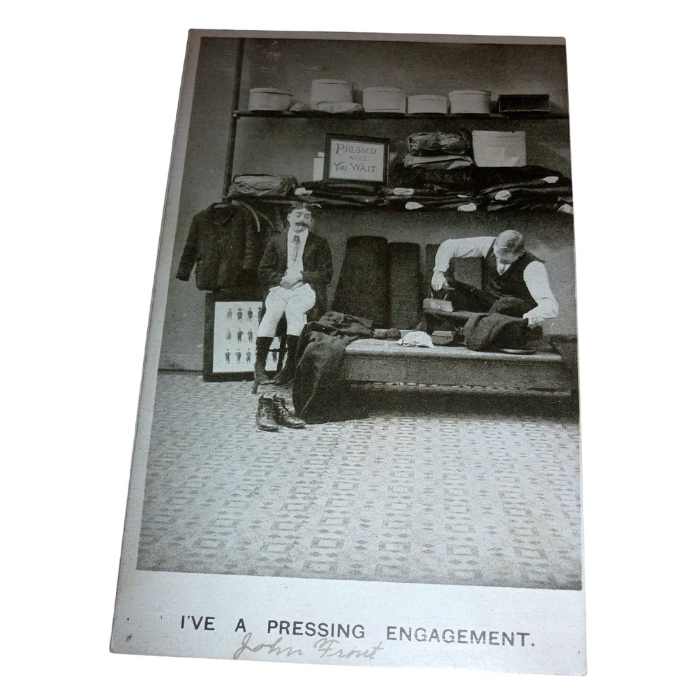 Antique RPPC Real Photo Postcard Humor Tailor Shop "Pressing Engagement" 1910s